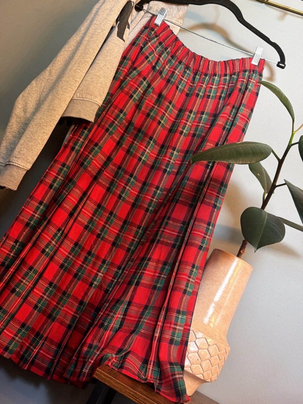 Vintage Red Tartan Plaid Pleated Rayon Maxi Skirt | Medium